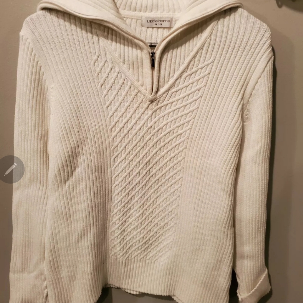 Liz Claiborne White Ribbed Knit 1/4 Zip Pullover Sweater Petite XL
